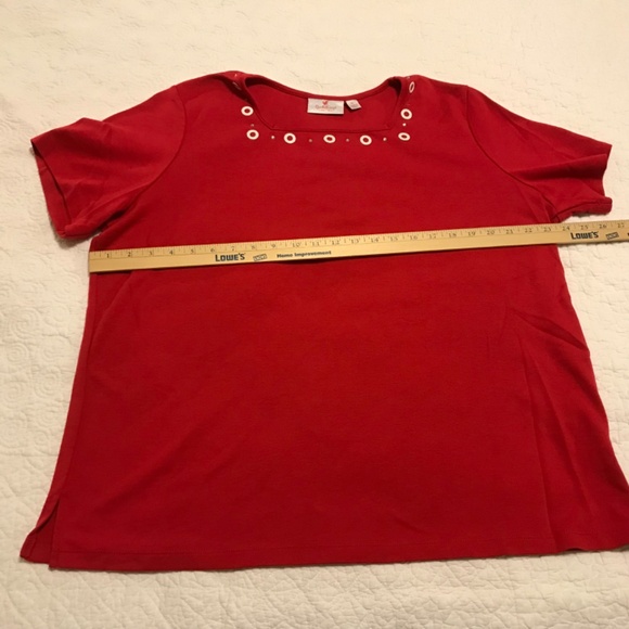 QF square neck red top embellished with white grommets & rhinestones (XL) - Picture 7 of 12